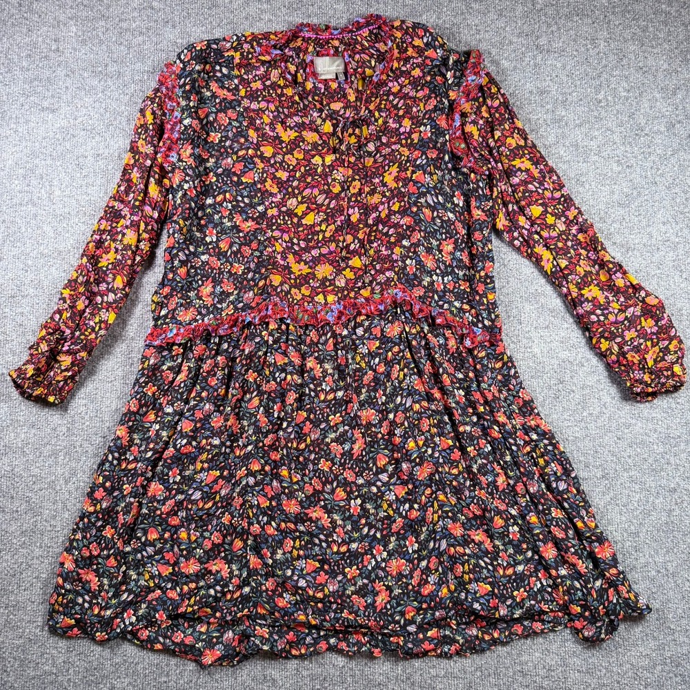 Anthropologie Floral Mini Dress Womens Small Black Mixed Print Ruffle Tiered